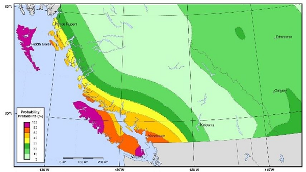Deux cartes du Canada montrent les zones sujettes aux séismes, colorées de divers tons d’orange, de rouge et de jaune.